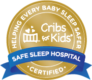 A Cribs for Kids badge denoting UM Baltimore Washington Medical Center as a certified "Safe Sleep Hospital."